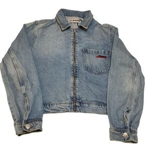 ZARA RHUIGI Denim Jacket Monogram Back Logo Distressed Blue Size L